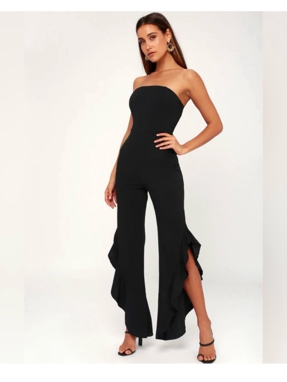 Lulu's Strapless Ruffle-Side Black Jumpsuit